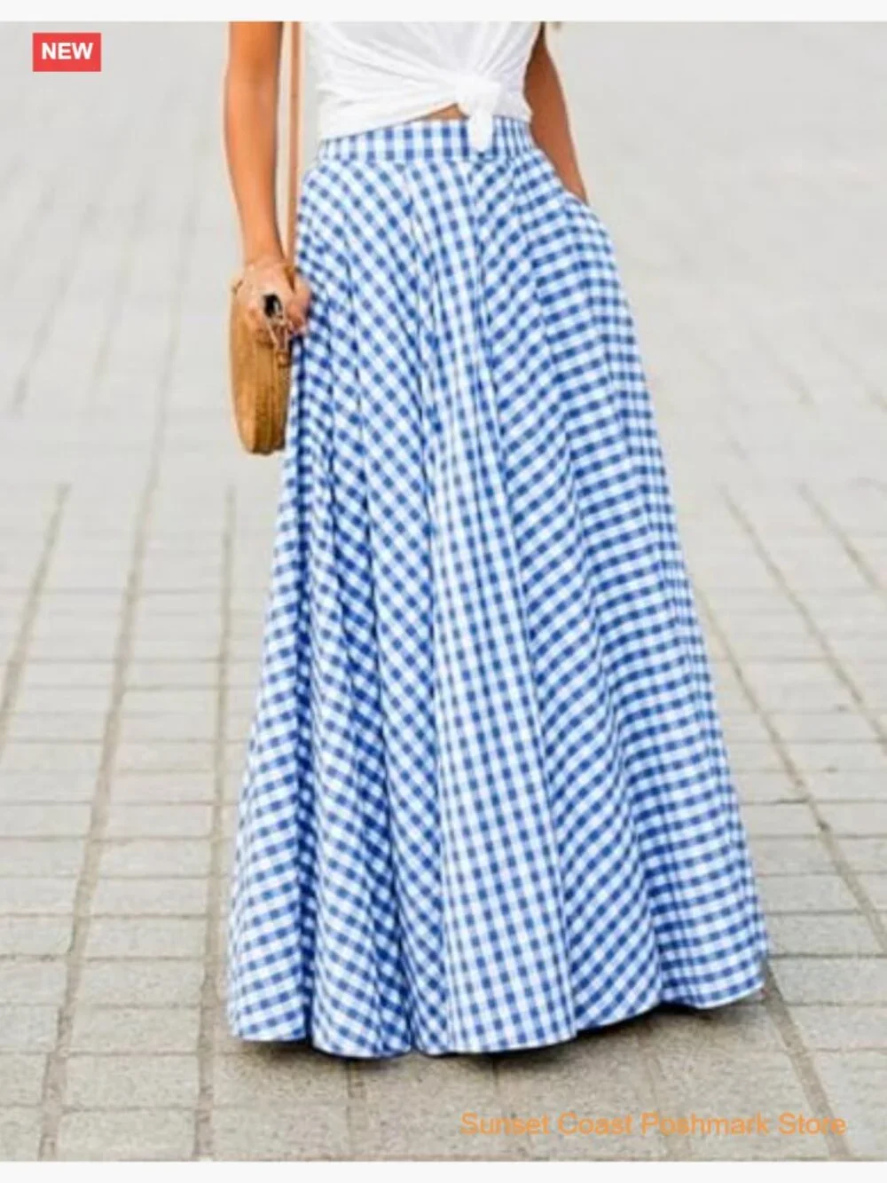 Gingham Maxi Skirt High Waist Pleated A Line Flowy Long Summer - Picture 2 of 7